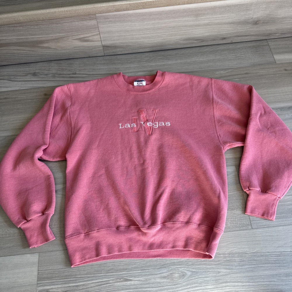 Vintage Jerzees Las Vegas Sweatshirt‎ S Pink Coral Embroidered Crewneck Sweater
